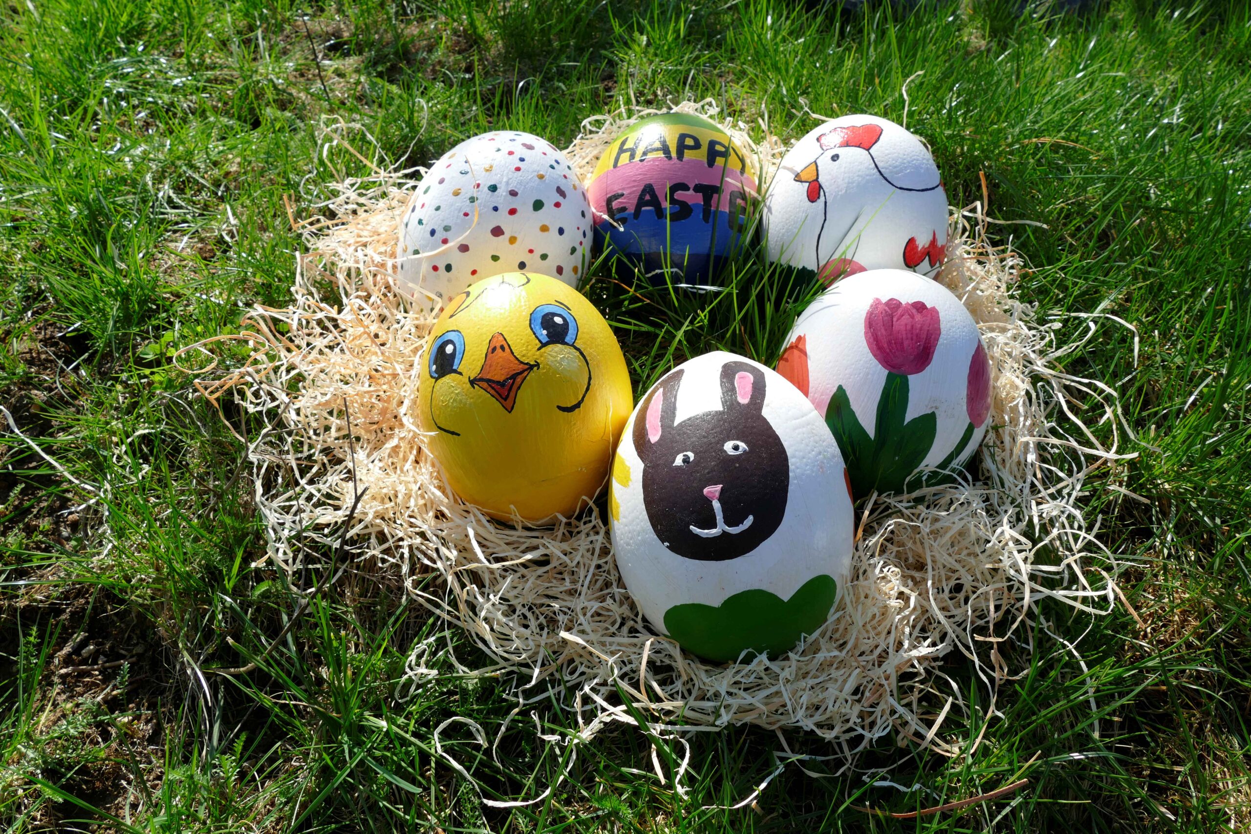 Ostereier Hannah Reusch Fünf bunt bemalte Straußeneier in einem Nest auf einer Wiese