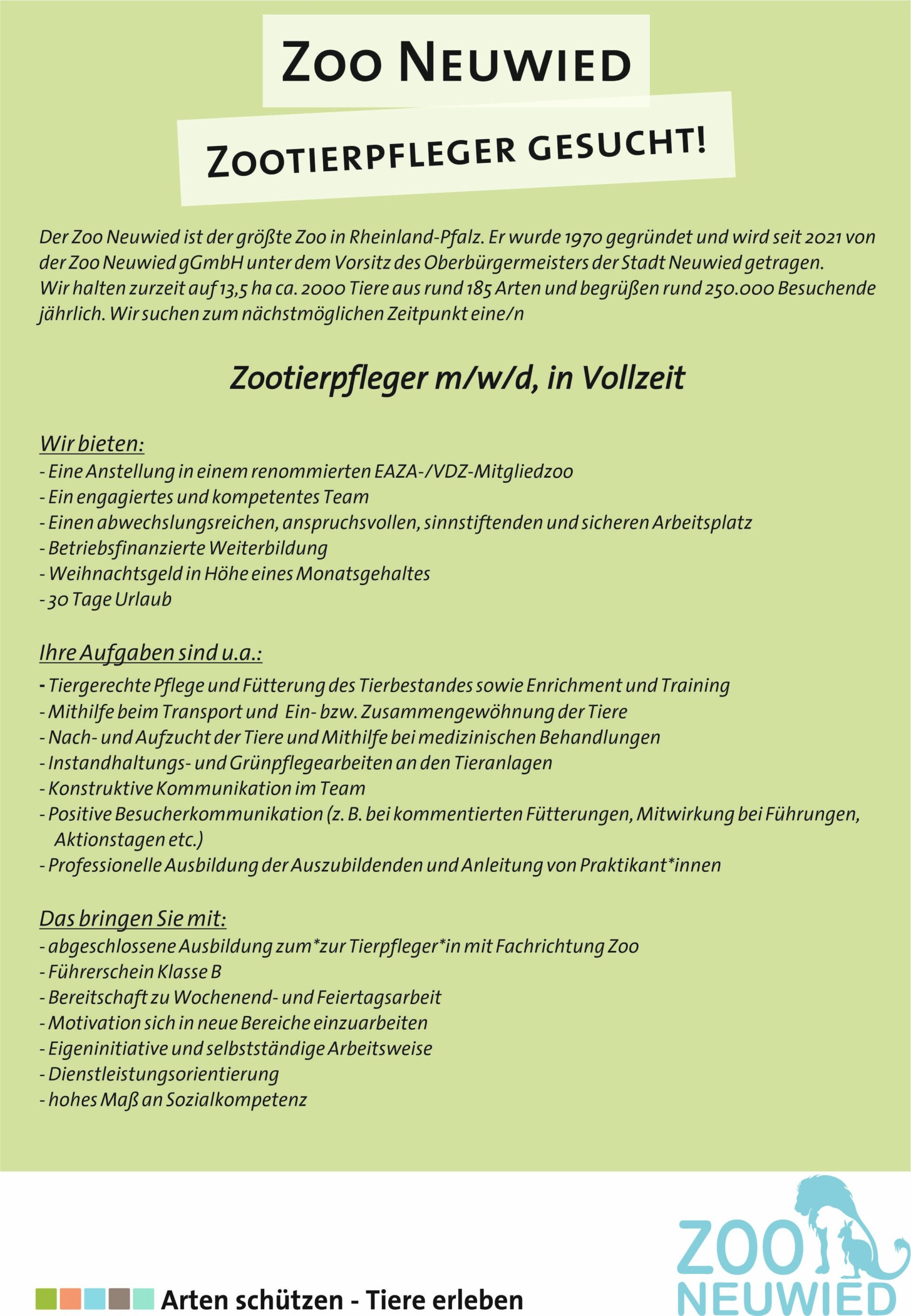 Stellenausschreibung des Zoo Neuwied f&uuml;r einen Mitarbeitenden im Bereich der Tierpflege