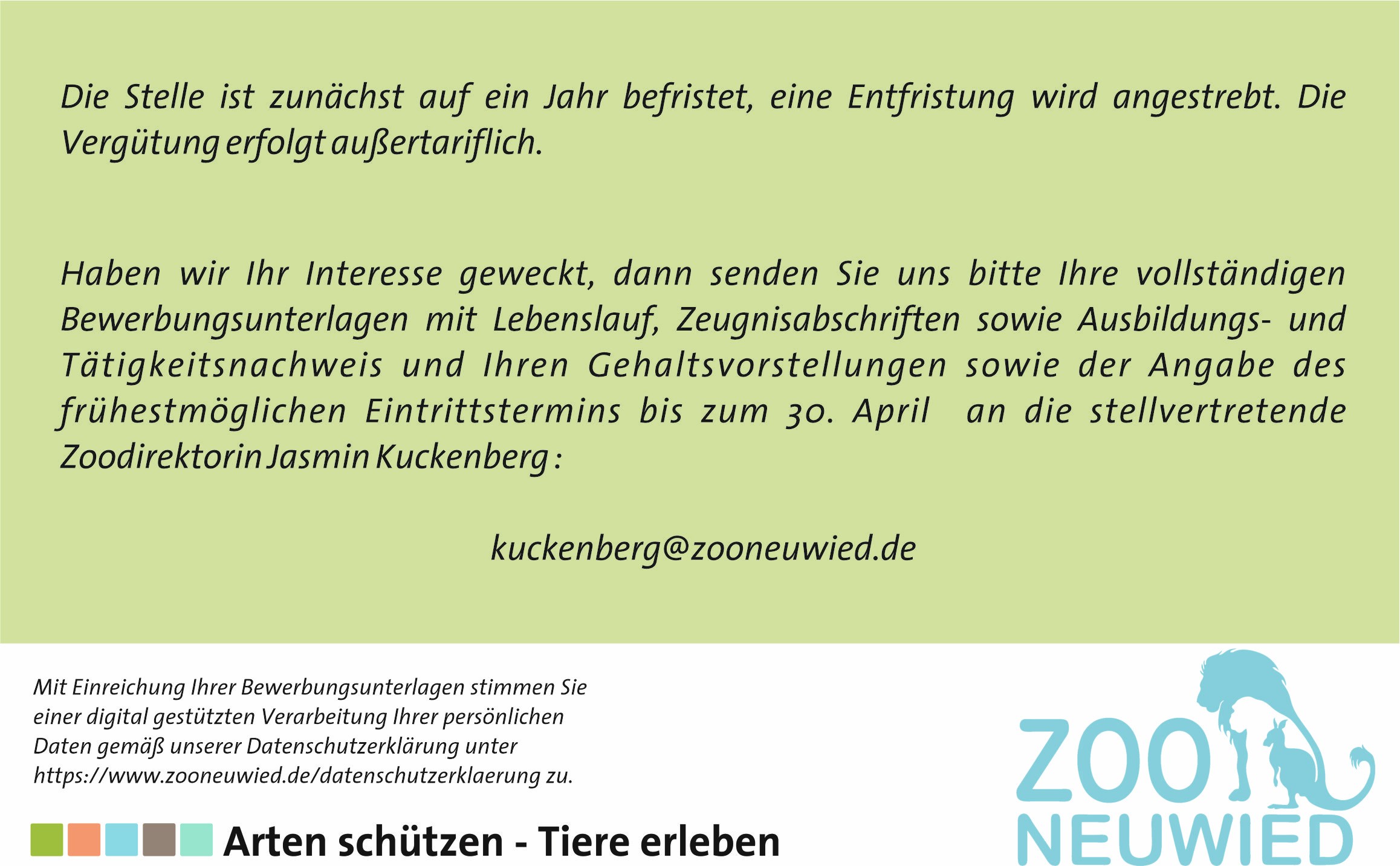 Stellenausschreibung des Zoo Neuwied f&uuml;r einen Mitarbeitenden im Bereich der Tierpflege