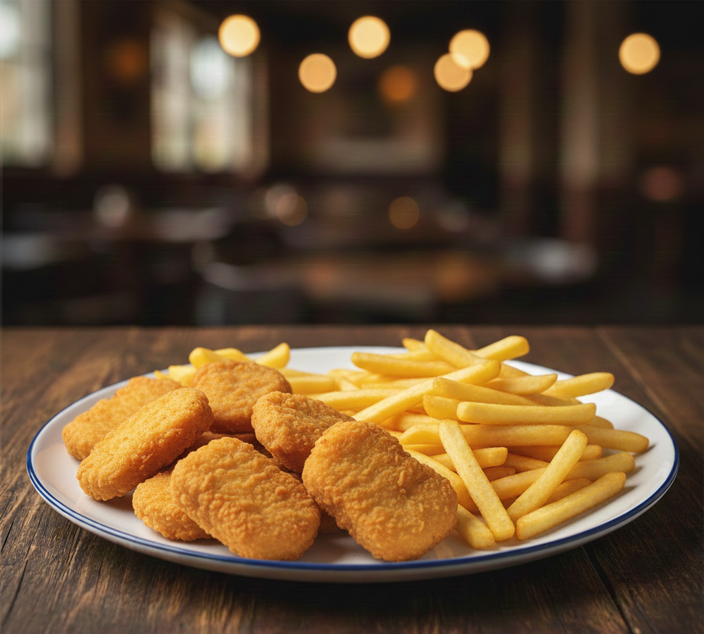 Gemini_Generated_Image_u8z23yu8z23yu8z2 Chicken Nuggets und Pommes auf einem Teller auf einem Tisch